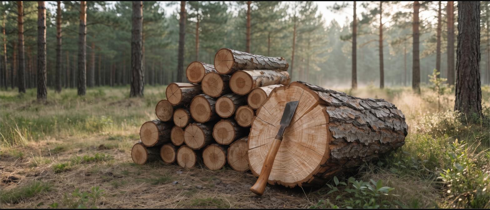 An axe with a hickory handle resting against a stack of cut logs in a pine forest