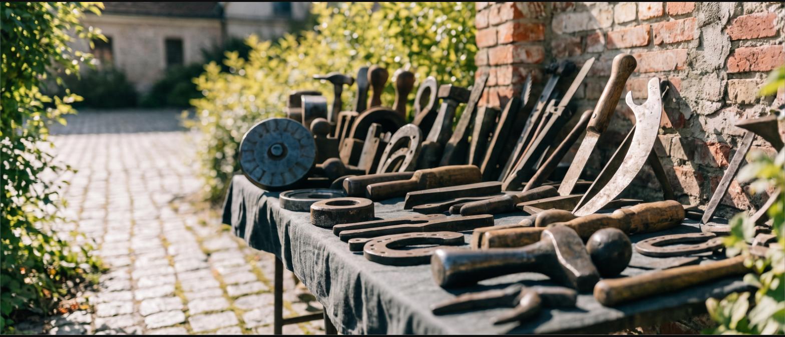 A flea market table covered with old forged tool heads and hand tools